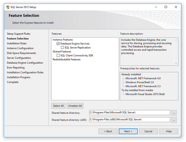 Select features of the SQL server to install