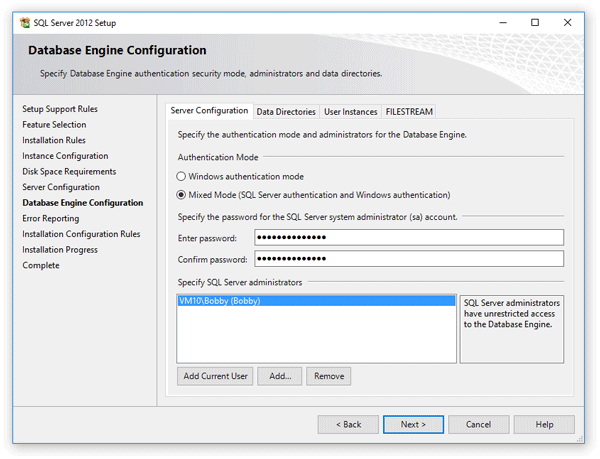 Choose the Authentication Mode for Microsoft SQL Server 2012