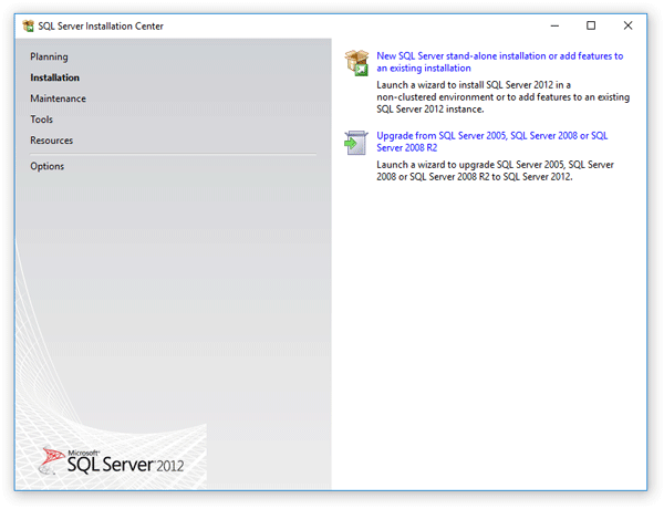 Welcome page of the setup wizard of Microsoft SQL Server 2012 Express Edition